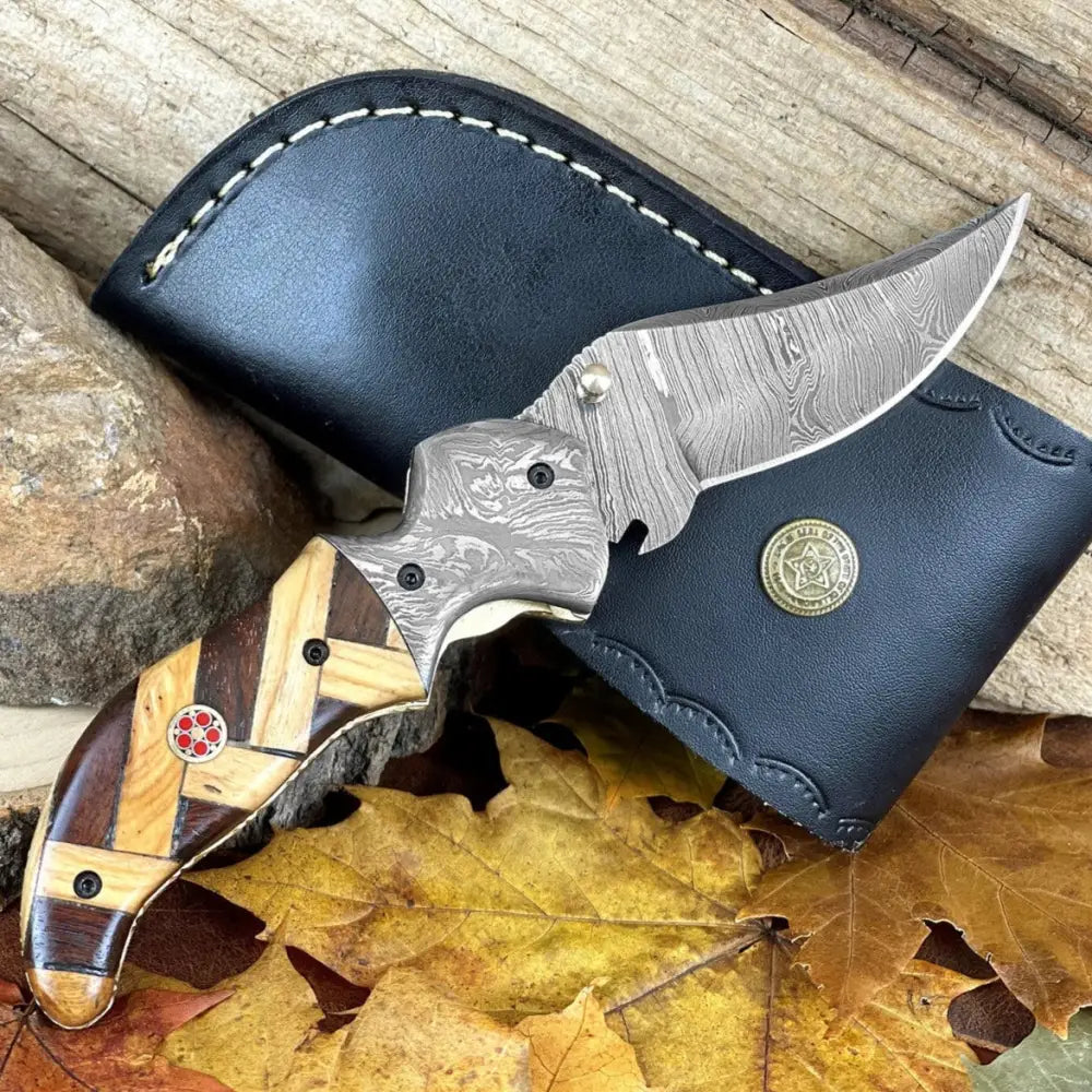 Turquoise Damascus Folding Knife – Hand Engraved Bolster