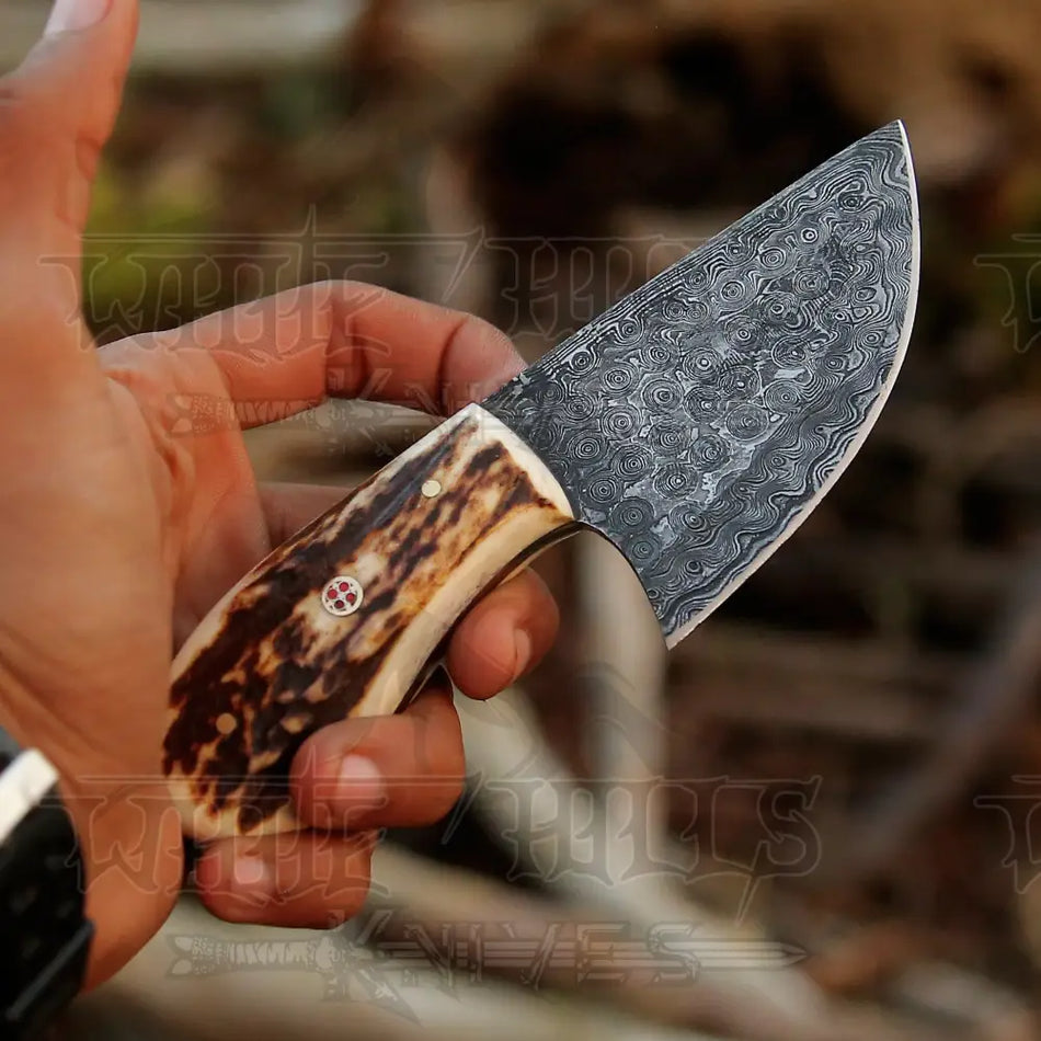 7” Handmade Damascus Steel Skinner Knife - Stag Antler Handle - Full Tang
