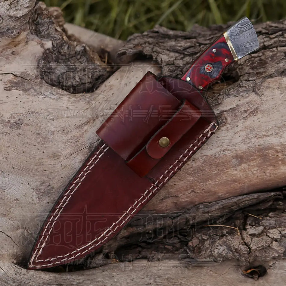 8.5” Hand Forged Damascus Steel Full Tang Skinner Knife - Red Wood Handle - H 021