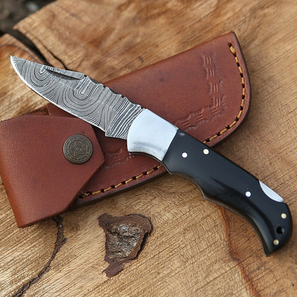 Custom Hand Forged Damascus Folding Knife With Bull Horn & Steel Bolster WH 1668