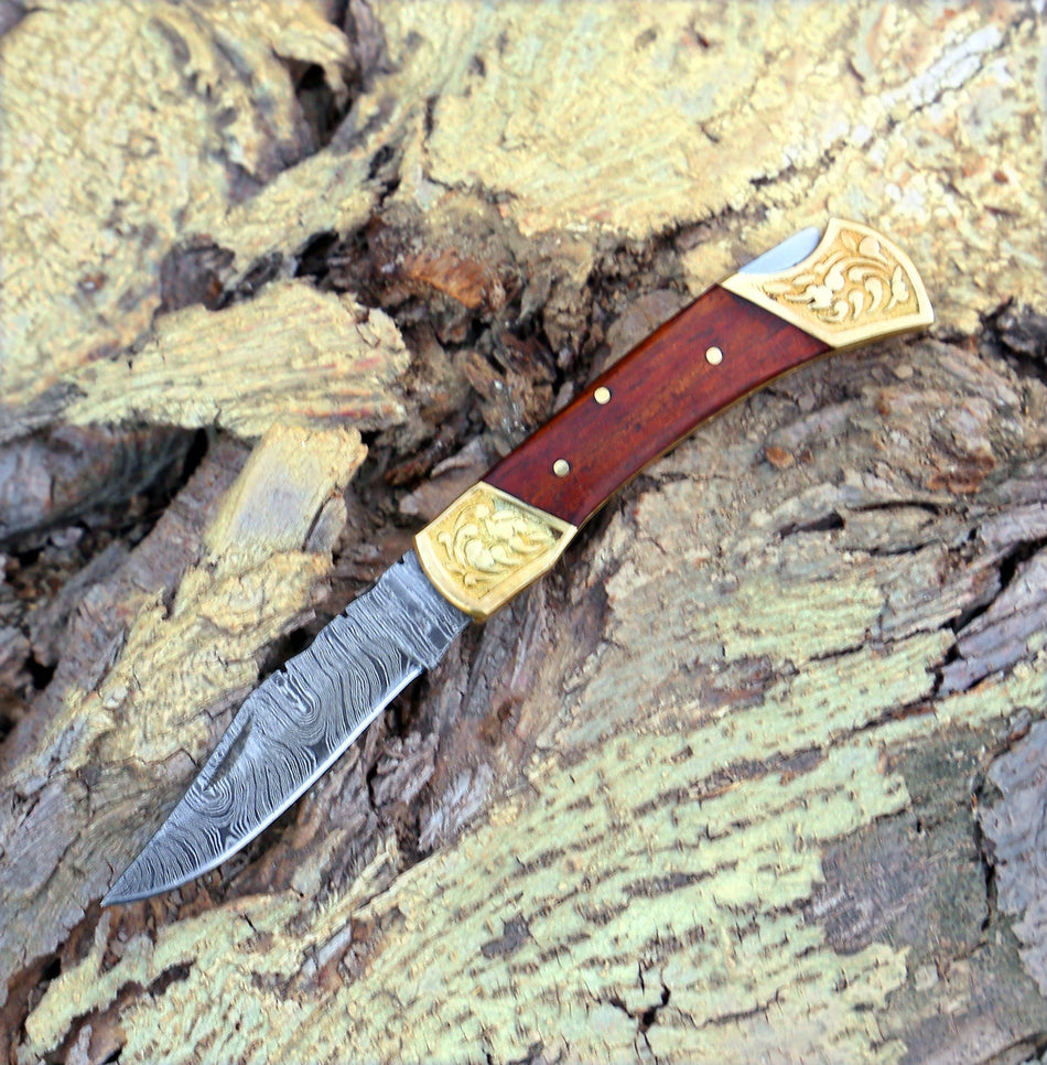 Custom Hand Forged Damascus Folding Knife Engraved Bolster With Rose Wood Handle WH 1559
