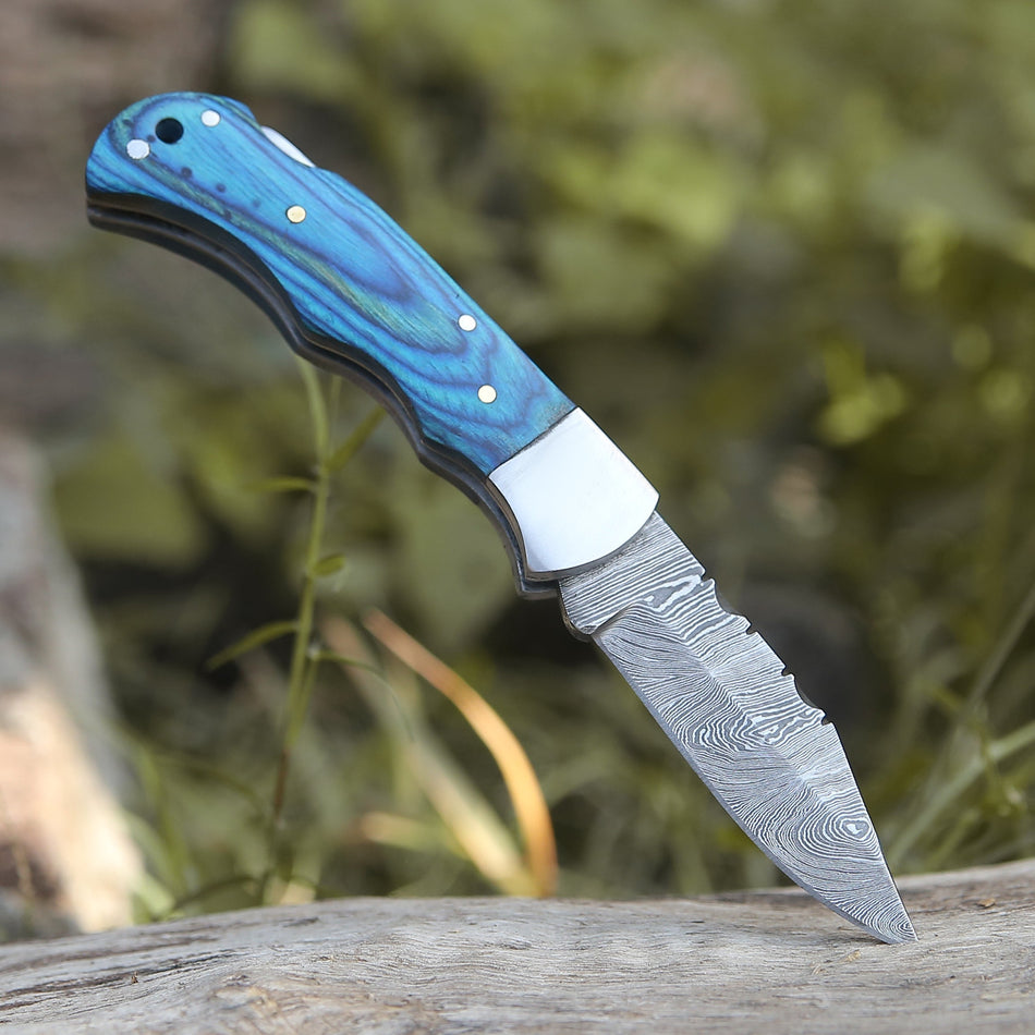 Custom Hand Forged Damascus Folding Knife With Steel Bolster & Stained Wood Handle WH 141