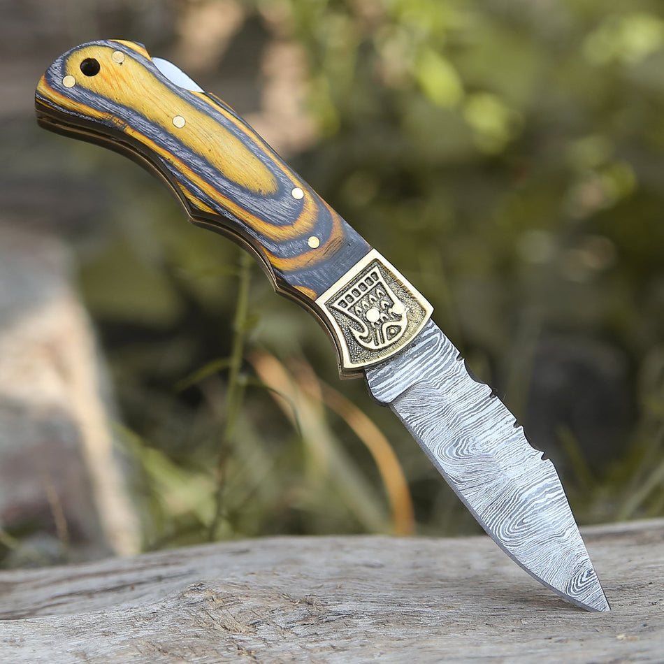 Custom Hand Forged Damascus Folding Knife Stain Wood Handle With Engraved Bolster WH 1557