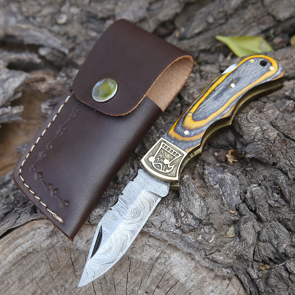 Custom Hand Forged Damascus Folding Knife Stain Wood Handle With Engraved Bolster WH 1557