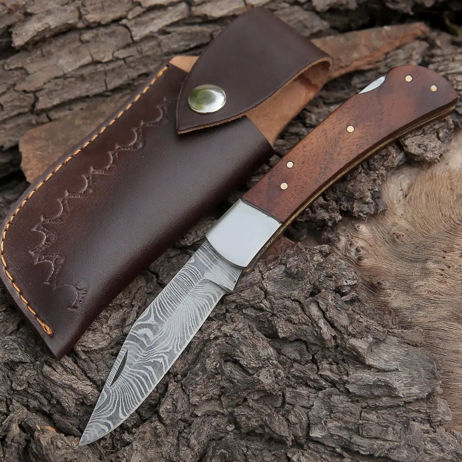 Back Lock 9" Handmade Damascus Steel Pocket Knife Dark Wood Handle Steel clips Folding Knife
