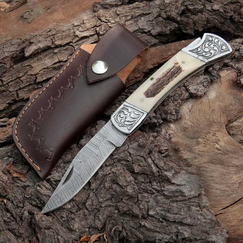 Back Lock 9" Handmade Damascus Steel Pocket Knife Stag Antler Handle Engraved clips Folding Knife