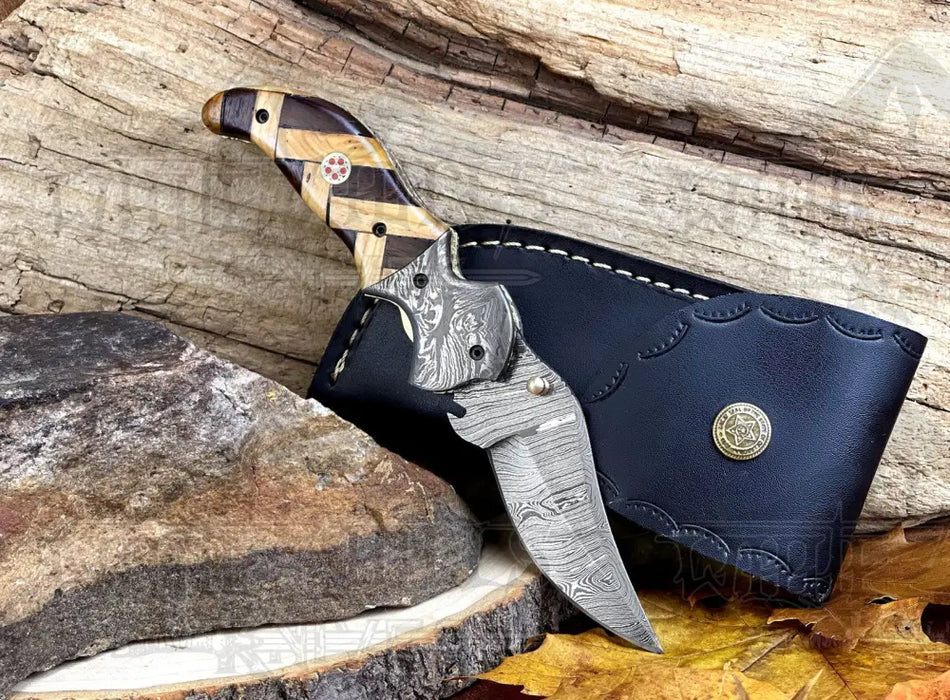 Custom Hand Forged Damascus Folding Knife Damascus Bolster With Olive & Dark Wood Handle WH 3527