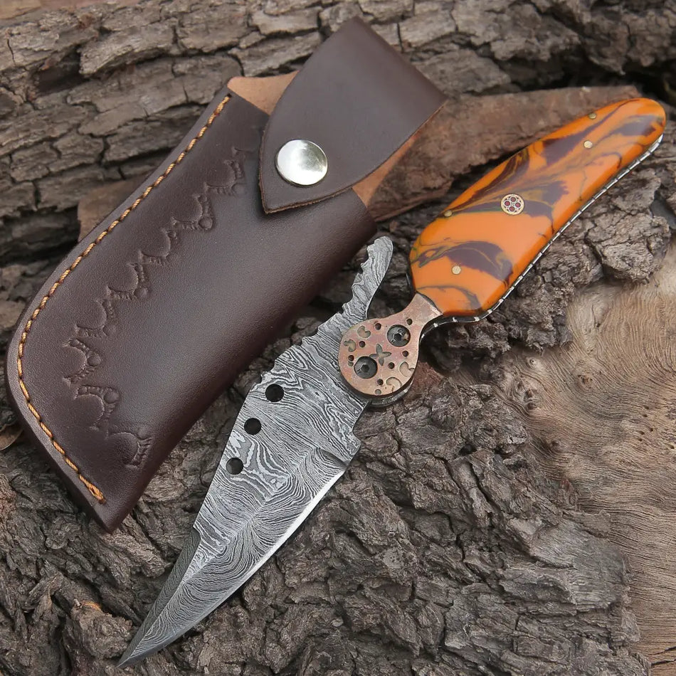 Custom Handmade Damascus Steel Pocket Knife Folding Blade With Resin Handle WH 3821