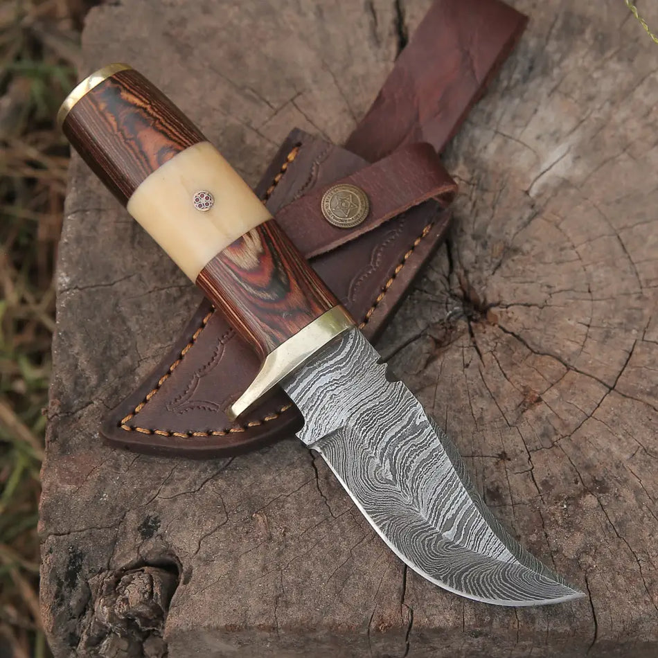 CUSTOM HANDMADE FORGED DAMASCUS Steel Hunting Knife W /Wood & camel bone Handle
