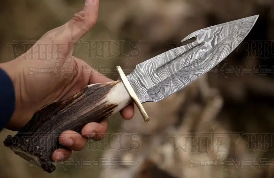 EDC Handmade Forged Damascus Steel Hunting Deer Hook Knife Crown Stag Handle