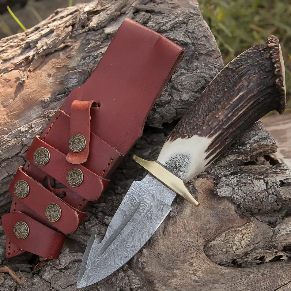 EDC Handmade Forged Damascus Steel Hunting Deer Hook Knife Crown Stag Handle WH 4417