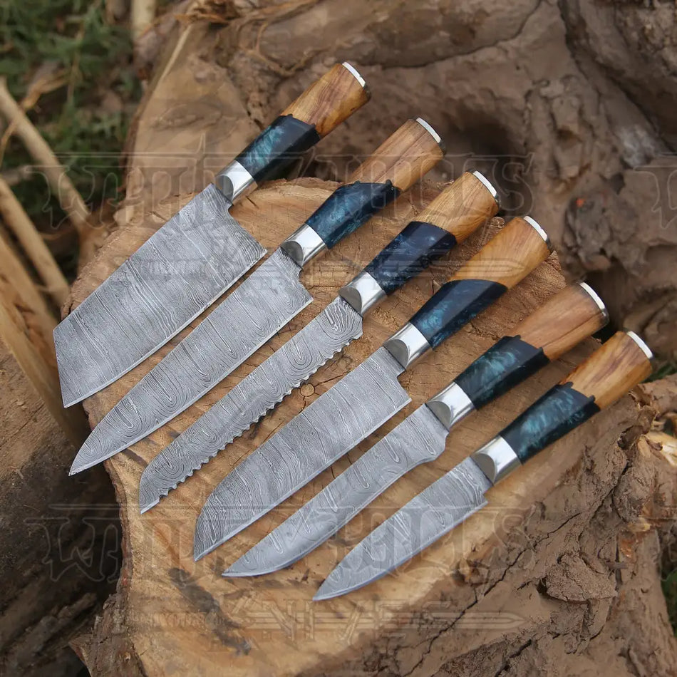 Handmade Damascus Chef Knife Set, 6 Pieces Damascus Steel Chef Knife Set, Kitchen Knife Set with Leather Cover