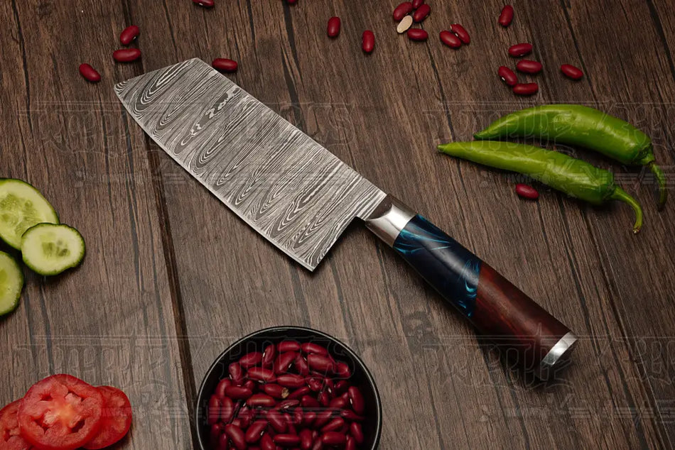 Handmade Damascus Chef Knife Set, 6 Pieces Damascus Steel Chef Knife Set, Kitchen Knife Set with Leather Cover - Rosewood & Resin Handle