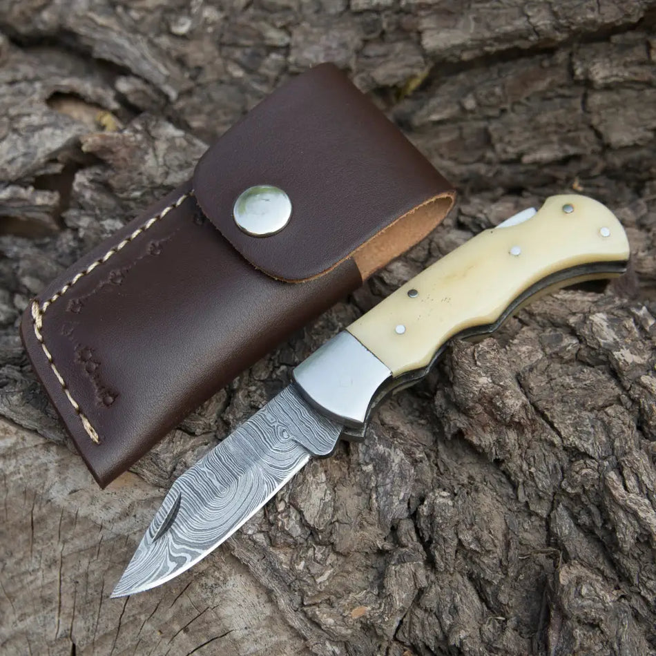 Handmade Damascus Pocket Knife - 6.5'' Back Lock Folding Knife Bone Handle - Camping Knife
