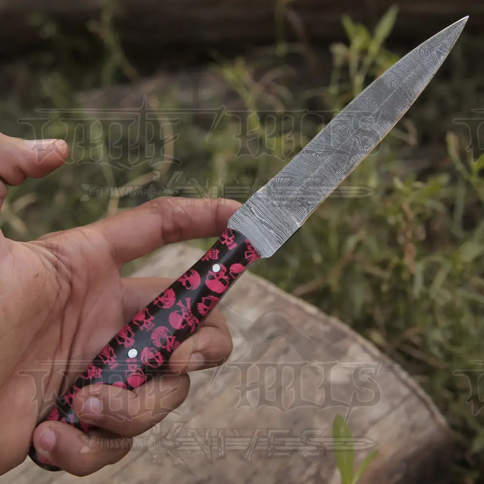 HANDMADE DAMASCUS STEEL DAGGER KNIFE - 10" FULL TANG KNIFE - Red Skull Resin Handle