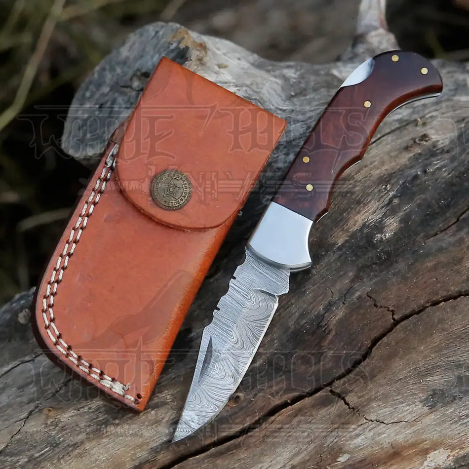 Handmade Damascus Steel Hunting Folding Knife with Pocket Clip - Camping Folding Blade With Wood Handle AT-CP