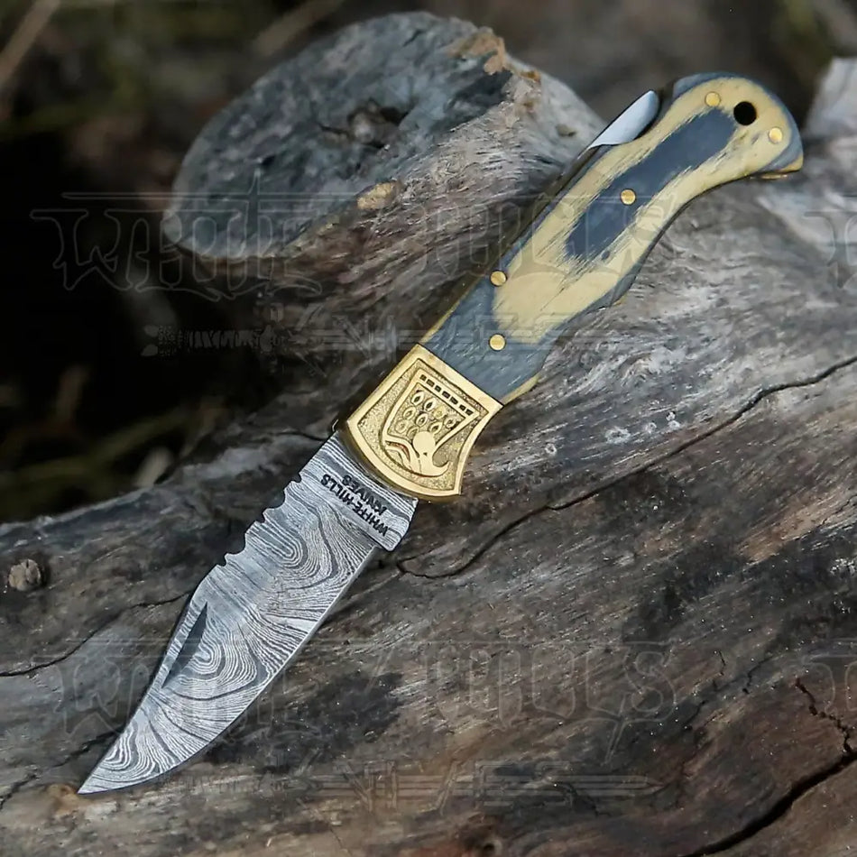 HANDMADE DAMASCUS STEEL POCKET KNIFE - Folding Knife- Stain Wood Handle With Engraved Brass Eagle Bolster WH 5048