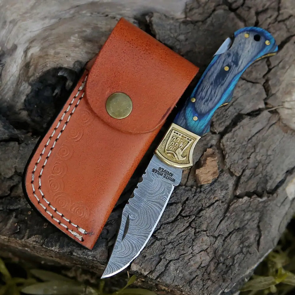 HANDMADE DAMASCUS STEEL POCKET KNIFE - Folding Knife- Stain Wood Handle With Engraved Brass Eagle Bolster WH 5050