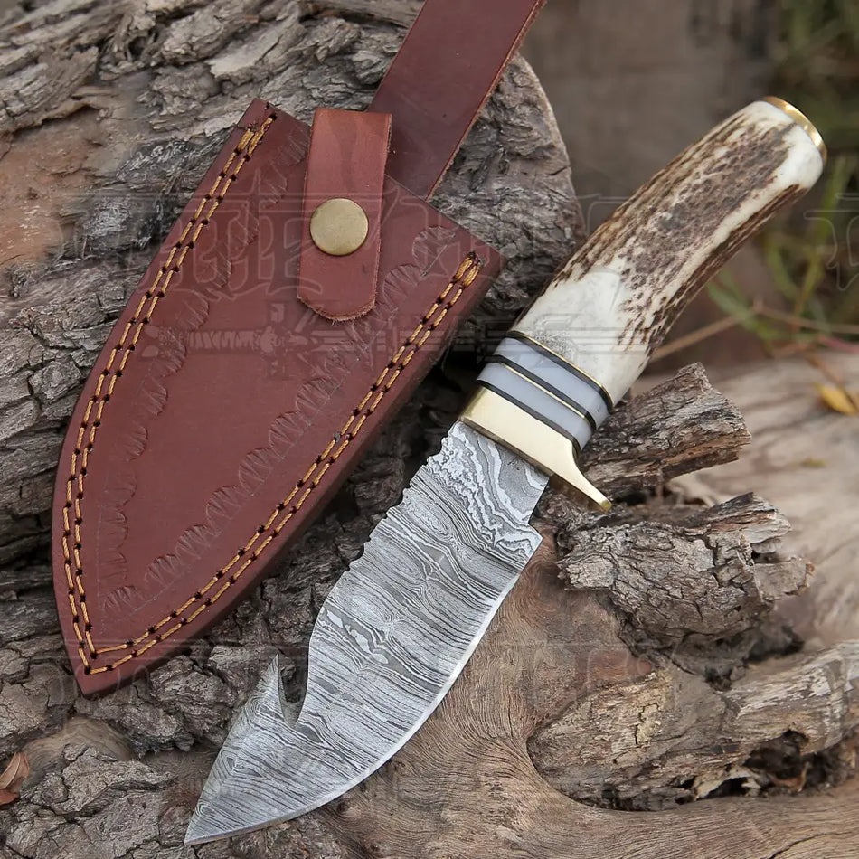 Handmade Forged Damascus Steel Gut Hook Hunting Knife EDC With Original Stag Antler Handle WH 4340