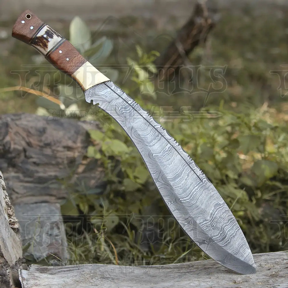 Handmade Forged Damascus Steel Hunting Bushcraft Kukri Knife Survival EDC 12” With Olive Wood & Stag Handle WH 3900
