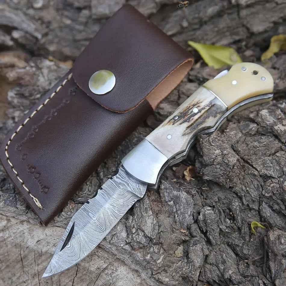 Handmade Forged Damascus Steel Hunting Folding Camping Pocket Knife With Stag Antler Camel Bone & Steel Bolster Handle WH 3986