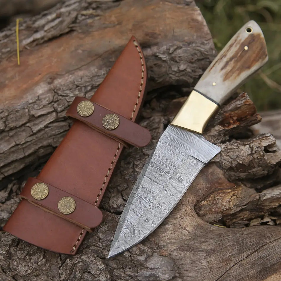 Handmade Forged Damascus Steel Hunting Skinner Knife EDC 9” V3 With Stag Antler & Engraved Camel Bone Handle WH 4429