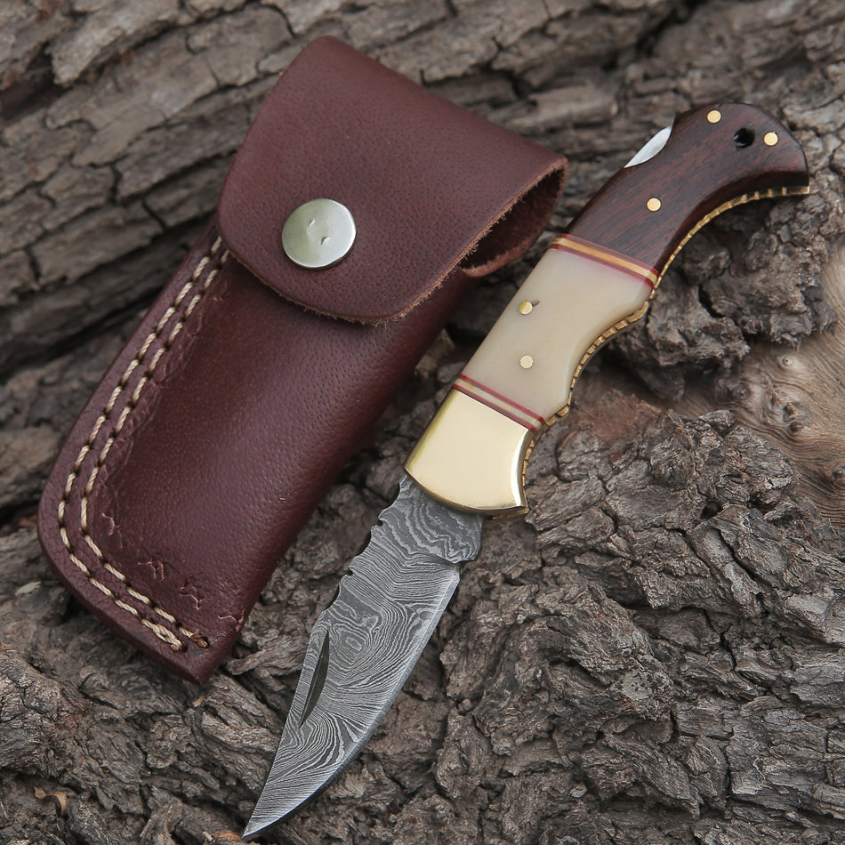 Custom Hand Forged Damascus Steel Folding Knife W/ Rose Wood & Bone Handle WH 1280