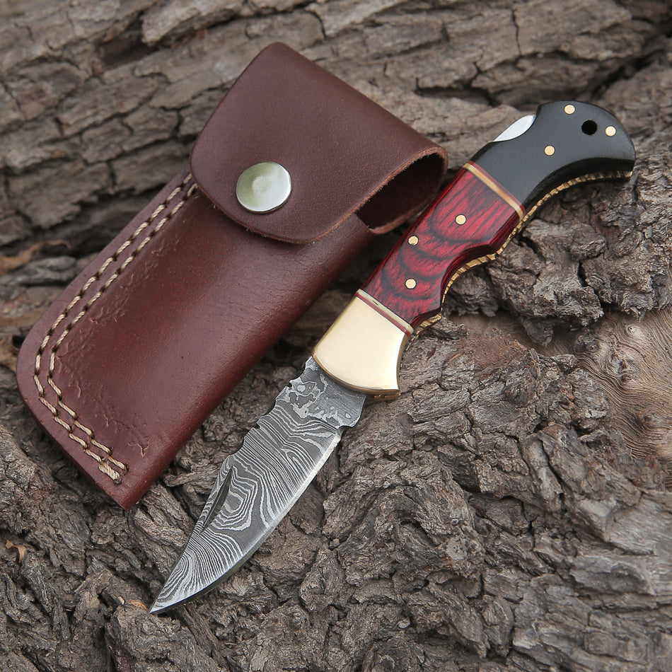 Custom Hand Made Damascus Steel Hunting Folding Knife With Brass Bolster & Bull Horn Wood Handle WH 3506